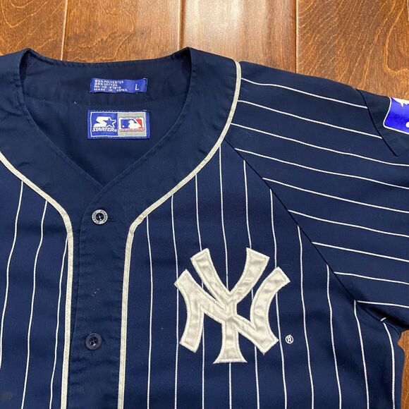 STARTER Vintage 90s MLB New York Yankees Baseball Jersey Navy White Pinstripe L - Picture 3 of 9
